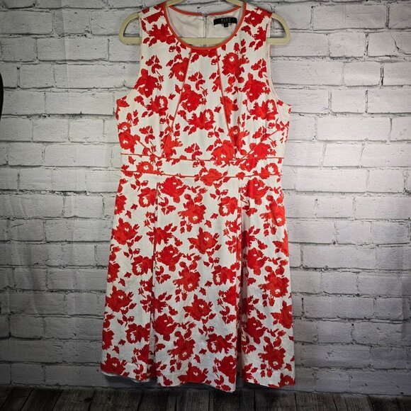 WOMENS ALEX MARIE RED WHITE FLORAL LINED SLEEVELESS PLEATED A LINE DRESS SIZE 14 - Picture 1 of 9